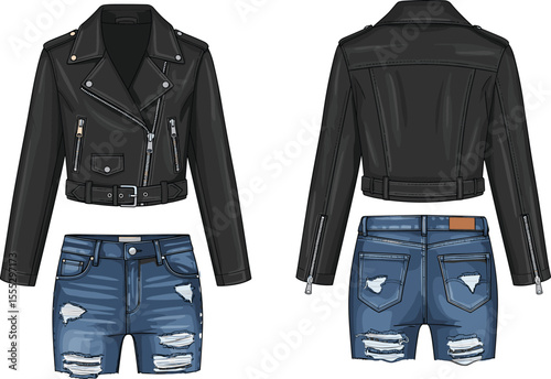 Flat fashion cad drawing vector of ripped denim shorts with leather biker jacket front and back views, streetwear style design