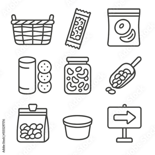 Snack Station Icons. Line style icons of Snack Station Basket: woven basket, granola bar, dried fruit pouch, cracker tube, trail