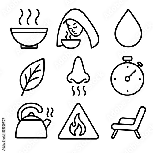 Steam Therapy Icons. Line style icons of Steam Inhalation Therapy: steam bowl, towel tent, essential oil drop, herbal leaf, nasal