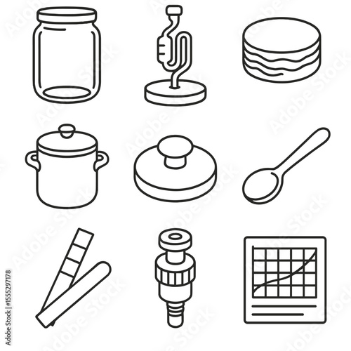 Home Fermentation Icons. Line style icons of Home Fermentation Kits: glass ferment jar, airlock lid, kombucha SCOBY, kimchi crock,