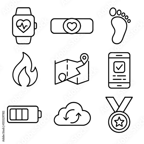 Fitness Gadget Icons. Line style icons of Fitness Tracking Gadgets: smartwatch, heart rate strap, step counter foot, calorie burn