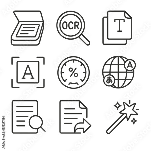 OCR Process Icons. Line style icons of Optical Character Recognition: scan document, OCR lens, text layer icon, bounding box,