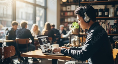 Wallpaper Mural Focused young man with headphones working on laptop in busy cafe environment Torontodigital.ca