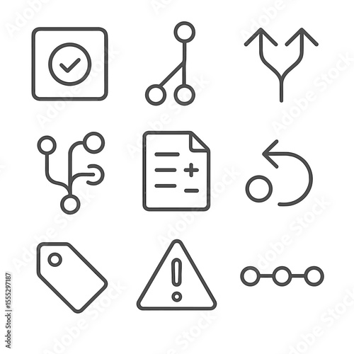 Version Control Icons. Line style icons of Version Control Operations: commit box, branch node, merge arrows, pull request icon,
