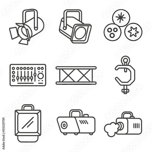Theater Lighting Icons. Line style icons of Stage & Theater Lighting Rig: spotlight, floodlight, PAR can, gobos pattern, DMX