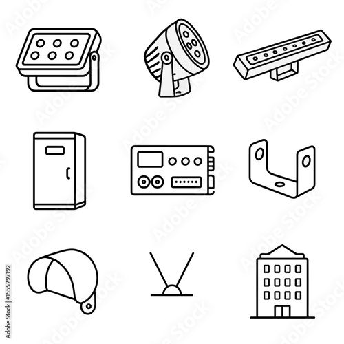 Architectural Facade Lighting Icons. Line style icons of Architectural Facade Lighting: floodlight washer, uplight spotlight,