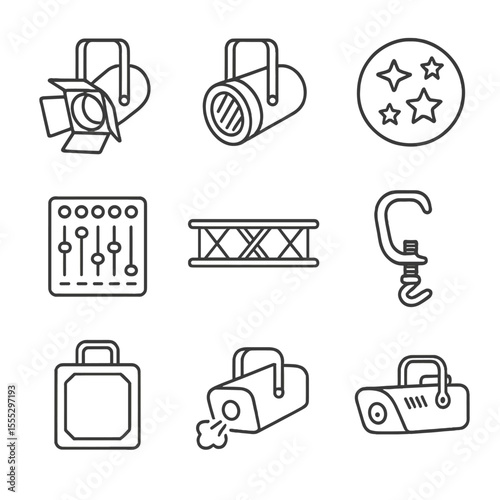 Theater Lighting Icons. Line style icons of Stage & Theater Lighting Rig: spotlight, floodlight, PAR can, gobos pattern, DMX