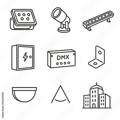 Architectural Facade Lighting Icons. Line style icons of Architectural Facade Lighting: floodlight washer, uplight spotlight,