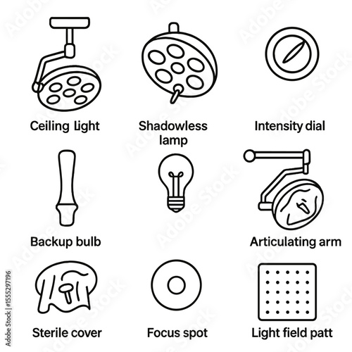 Surgical Light Icons. Line style icons of Surgical Operating Room Lights: ceiling light head, shadowless lamp, intensity dial,