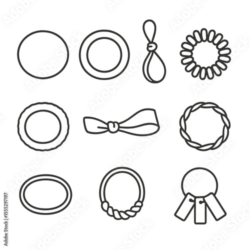 Stretchy Hairband Icons. Line style icons of Stretchy Hair Bands: thin elastic band, thick ponytail tie, knotted loop band,