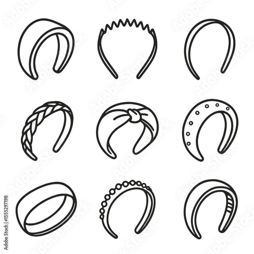Classic Headband Icons. Line style icons of Classic Headbands: padded fabric band, plastic zigzag band, metal slim band, braided