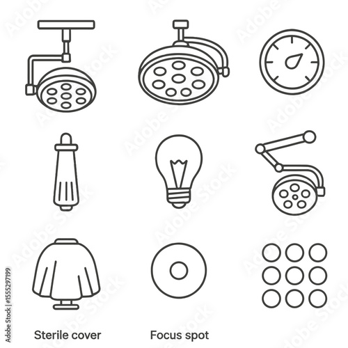 Surgical Light Icons. Line style icons of Surgical Operating Room Lights: ceiling light head, shadowless lamp, intensity dial,