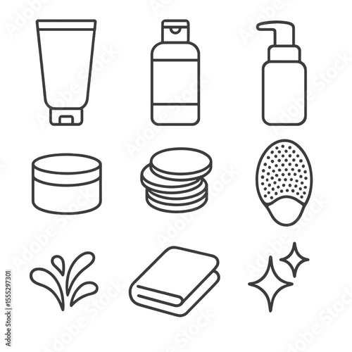 Facial Cleansing Icons. Line style icons of Daily Facial Cleansing: gel cleanser tube, micellar water bottle, foaming pump,