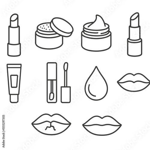 Lip Care Icons. Line style icons of Lip Care Staples: nourishing lip balm, sugar scrub pot, overnight lip mask jar, SPF lip stick,