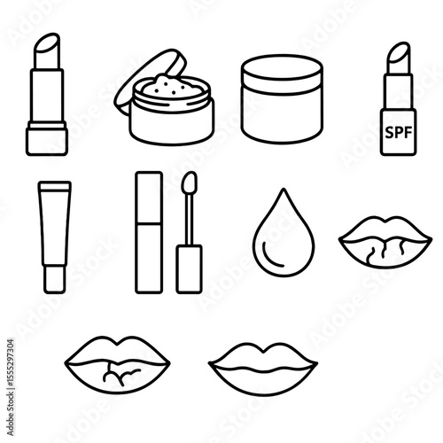 Lip Care Icons. Line style icons of Lip Care Staples: nourishing lip balm, sugar scrub pot, overnight lip mask jar, SPF lip stick,