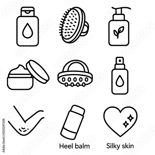 Body Care Icons. Line style icons of Body Care Routine: shower gel bottle, exfoliating body brush, body lotion pump, shea butter