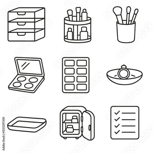 Vanity Organization Icons. Line style icons of Vanity Organization: acrylic drawer, rotating organizer, brush holder cup, magnetic