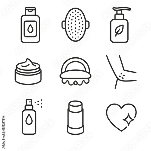 Body Care Icons. Line style icons of Body Care Routine: shower gel bottle, exfoliating body brush, body lotion pump, shea butter