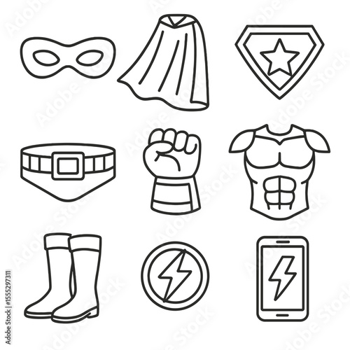 Superhero Costume Icons. Line style icons of Superhero Costume Accessories: eye mask, flowing cape, emblem badge, utility belt,