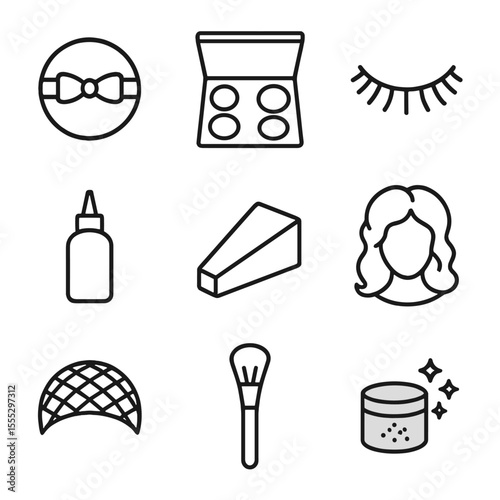 Stage Makeup Icons. Line style icons of Stage Makeup & Wig Set: theatrical powder puff, contour palette, false lashes, spirit gum,