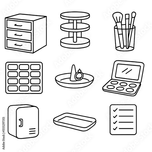 Vanity Organization Icons. Line style icons of Vanity Organization: acrylic drawer, rotating organizer, brush holder cup, magnetic