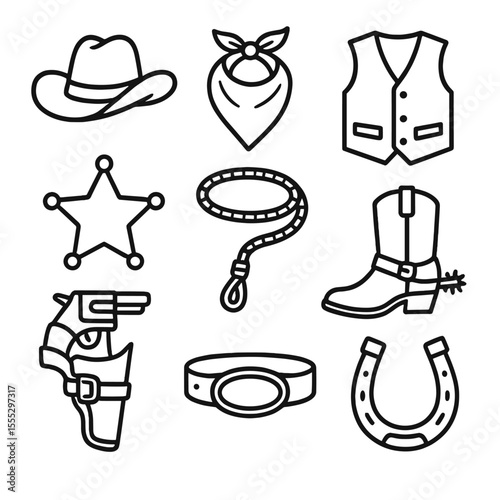 Wild West Icons. Line style icons of Wild West Cowboy Outfit: Stetson hat, bandana scarf, leather vest, sheriff star, lasso rope,
