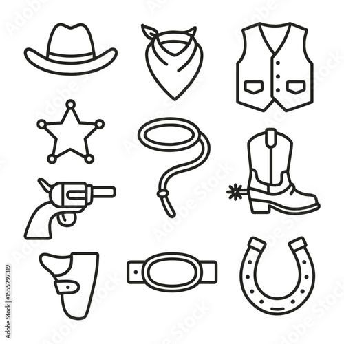 Wild West Icons. Line style icons of Wild West Cowboy Outfit: Stetson hat, bandana scarf, leather vest, sheriff star, lasso rope,