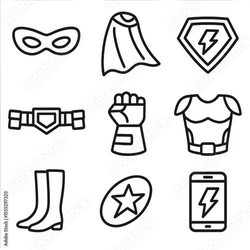 Superhero Costume Icons. Line style icons of Superhero Costume Accessories: eye mask, flowing cape, emblem badge, utility belt,