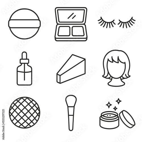 Stage Makeup Icons. Line style icons of Stage Makeup & Wig Set: theatrical powder puff, contour palette, false lashes, spirit gum,