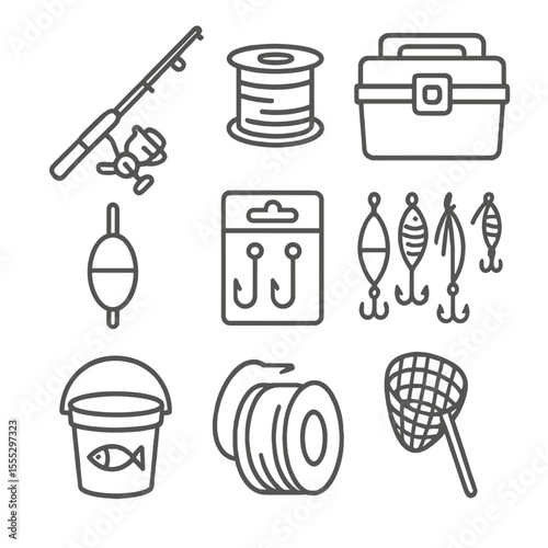Fishing Tackle Icons. Line style icons of Fishing Tackle Box: spinning rod, reel spool, tackle box, lure assortment, bobber float,