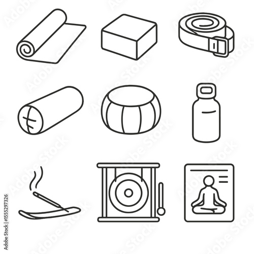 Yoga Studio Icons. Line style icons of Yoga Studio Props: yoga mat, foam block, strap belt, bolster pillow, meditation cushion,