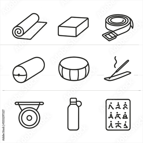 Yoga Studio Icons. Line style icons of Yoga Studio Props: yoga mat, foam block, strap belt, bolster pillow, meditation cushion,
