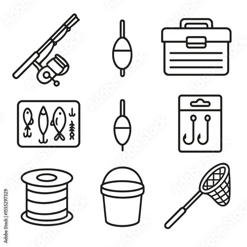 Fishing Tackle Icons. Line style icons of Fishing Tackle Box: spinning rod, reel spool, tackle box, lure assortment, bobber float,