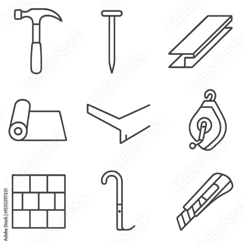 Roof Installation Icons. Line style icons of Roof Installation Essentials: roofing hammer, roofing nail, starter strip,