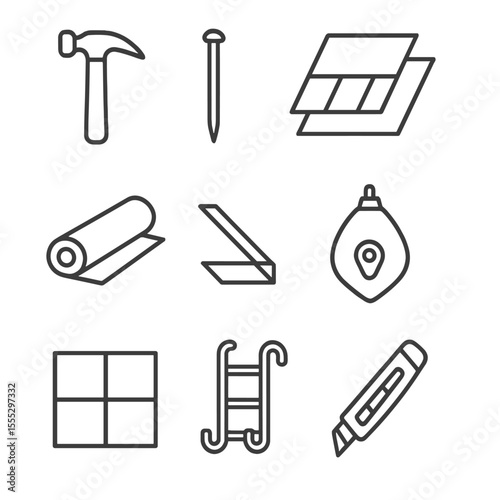 Roof Installation Icons. Line style icons of Roof Installation Essentials: roofing hammer, roofing nail, starter strip,