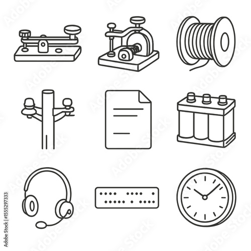 Telegraph Communication Icons. Line style icons of Telegraph Communication: Morse key tapper, sounder relay, copper wire spool,
