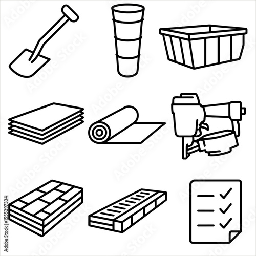 Roof Replacement Icons. Line style icons of Roof Replacement Project: tear-off shovel, disposal chute, dumpster bin, sheathing