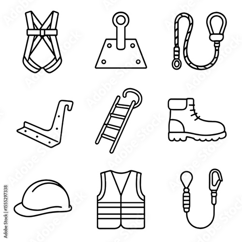 Roofing Safety Icons. Line style icons of Roofing Safety Gear: safety harness, anchor point, lifeline rope, roof bracket, ridge