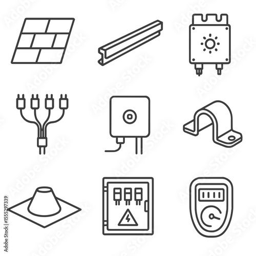 Solar Roof Components. Line style icons of Solar Roof Integration: solar shingle, mounting rail, micro-inverter, wiring harness,