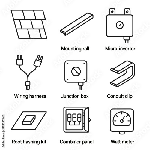Solar Roof Components. Line style icons of Solar Roof Integration: solar shingle, mounting rail, micro-inverter, wiring harness,