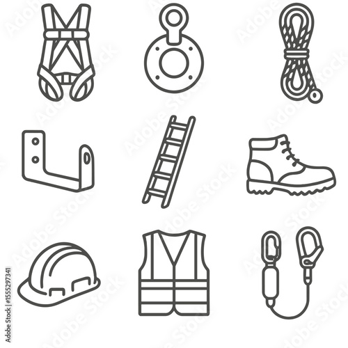 Roofing Safety Icons. Line style icons of Roofing Safety Gear: safety harness, anchor point, lifeline rope, roof bracket, ridge