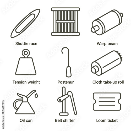 Power Loom Workshop Icons. Line style icons of Power Loom Workshop: shuttle race, heddle frame, warp beam, tension weight, picker