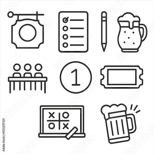 Pub Trivia Night Icons. Line style icons of Pub Trivia Night: pub signboard, answer sheet, pencil stub, pitcher of beer, team