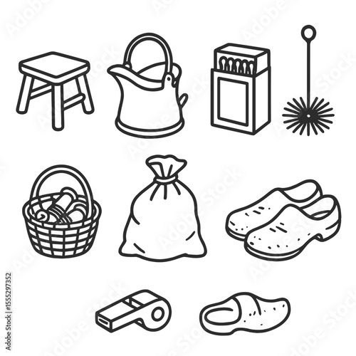 Child Labor Tools Icons. Line style icons of Child Labor Tools: small loom stool, coal scuttle, matchbox pack, chimney sweep brush