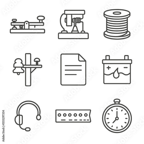 Telegraph Communication Icons. Line style icons of Telegraph Communication: Morse key tapper, sounder relay, copper wire spool,