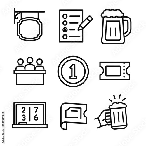 Pub Trivia Night Icons. Line style icons of Pub Trivia Night: pub signboard, answer sheet, pencil stub, pitcher of beer, team