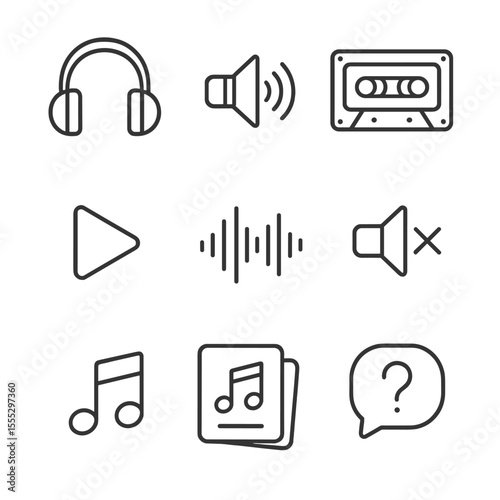 Audio Icon Collection. Line style icons of Audio Hint Challenge: headphones icon, speaker wave, cassette tape, play button,