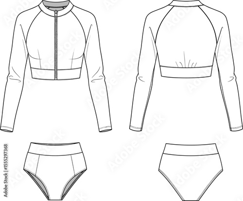 Long sleeve zip front bikini set CAD flat sketch, high waist swimwear technical fashion drawing, front and back vector illustration