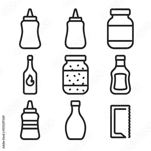 Condiment Icons Collection. Line style icons of Condiment Shelf: ketchup squeeze, mustard bottle, mayonnaise jar, hot sauce flask,