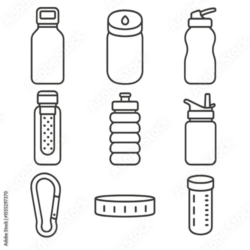 Hydration Bottle Icons. Line style icons of Hydration Bottle Collection: stainless flask, smart tracking lid, squeezable sports
